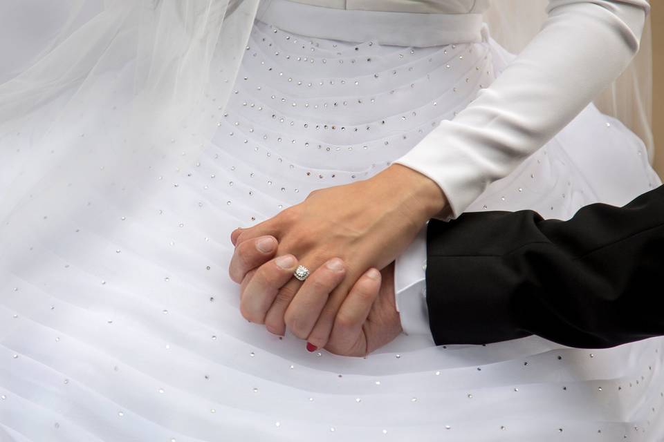 Couple, hands, ring, bride and groom