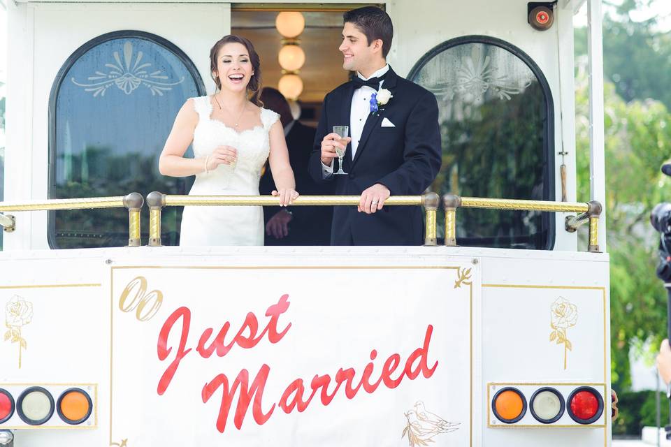 Wedding couple on trolley