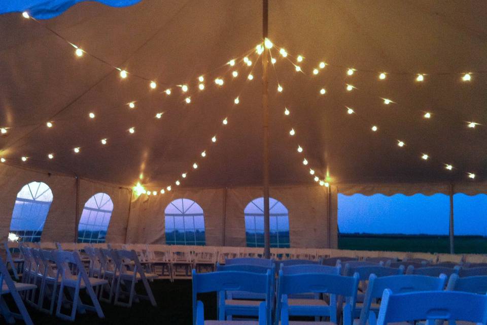 Shimmering lights above seating