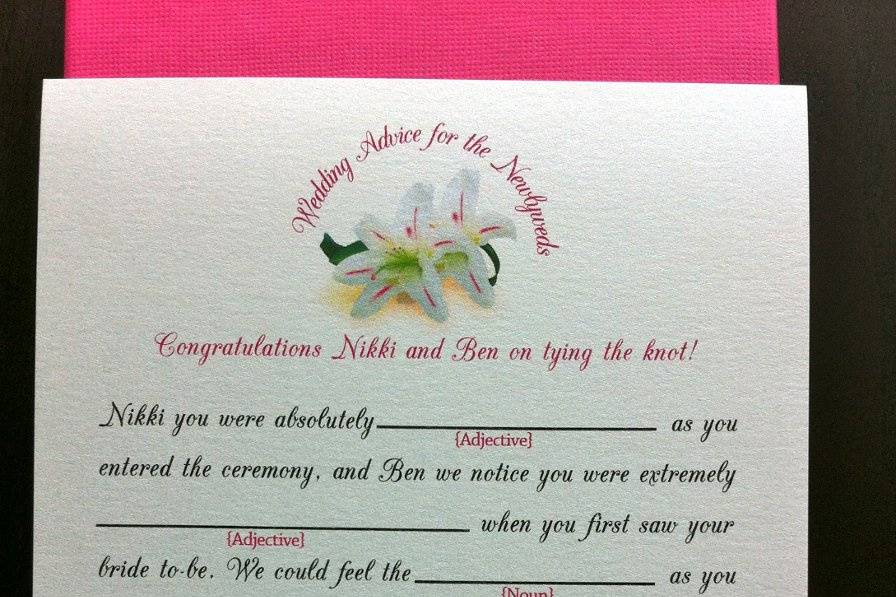 Wedding Guest Mad Libs. Coordinating invitation, program and thank you card available. Please see additional photo galleries