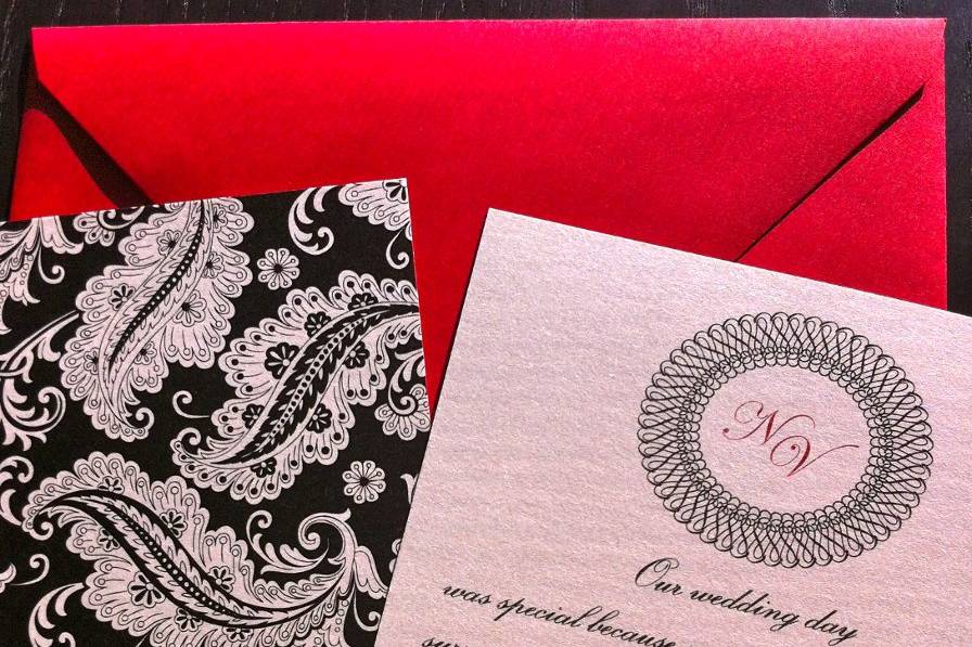 Custom Monogram Thank You, with Damask print on reverse side. Coordinates with Wedding Suite, (Pocket Fold Invite, menus, and programs.