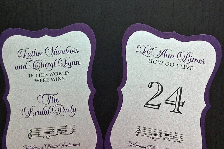 Music inspired table numbers layered in silver and purple. See coordinating invitation in Pocket Fold photo gallery.