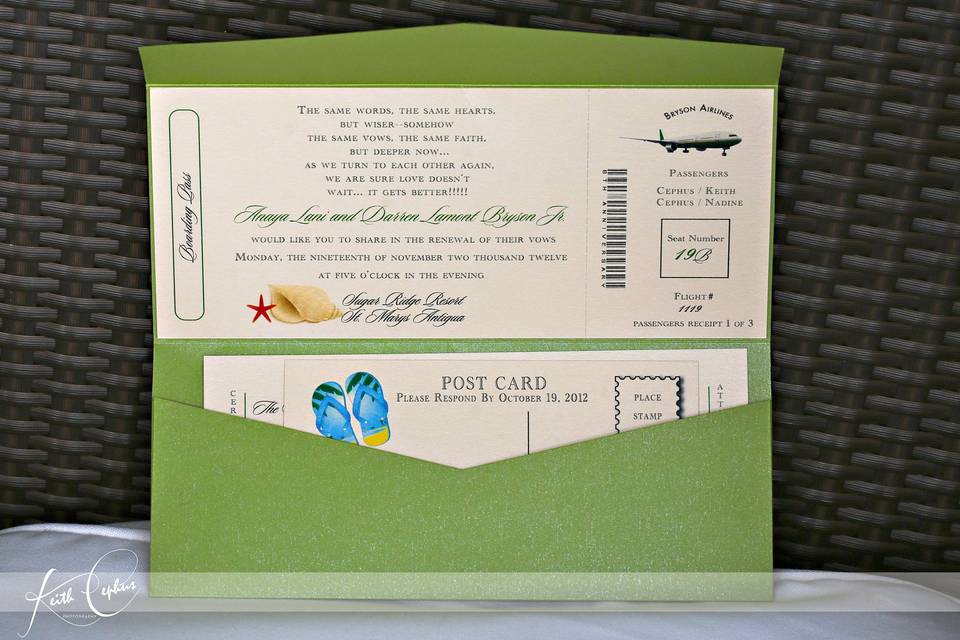 Boarding Pass Invite with RSVP postcard and wedding details insert, all tucked away in a beautiful tropical green pocket fold.