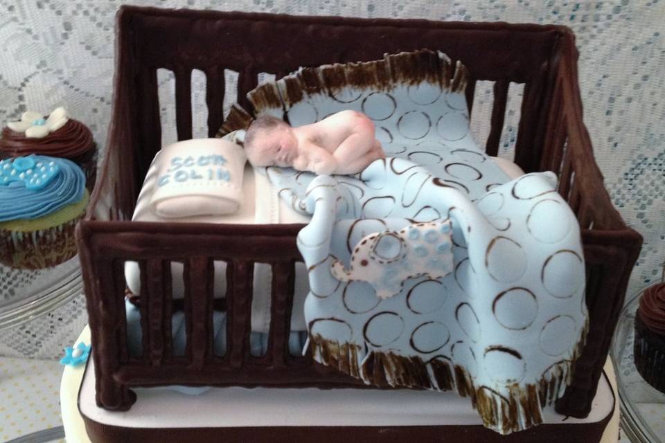 Baby shower, crib, chocolate crib, fondant baby, fondant baby blanket, nursery