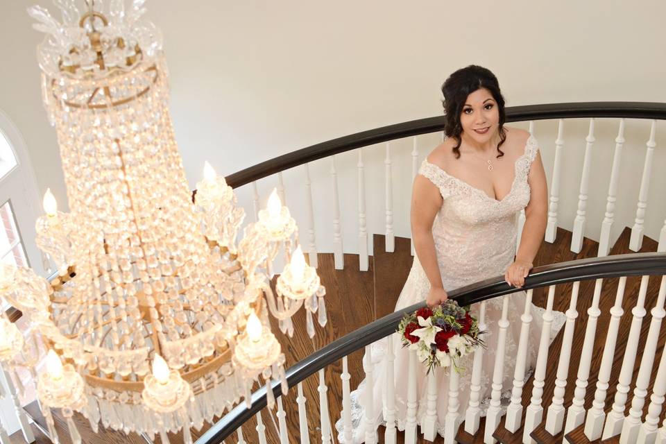 Stair case, bride & chandalier