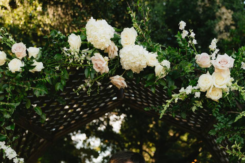 Couple kissing down the aisle