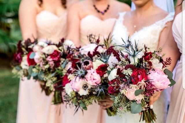 Blush Peonies, blue thistle, t