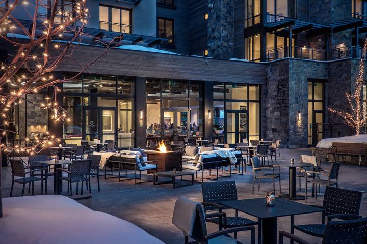 Limelight Hotel Ketchum Events Plaza featuring views of Bald Mountain and the natural beauty of Forrest Service Park.