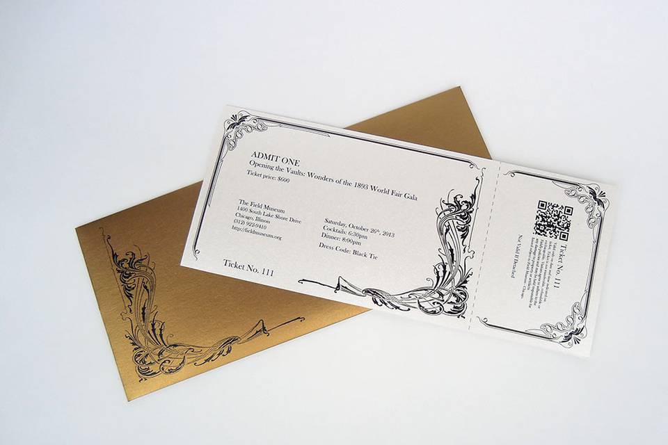 Event ticket for a gala in celebration of the opening of the Wonders of the 1893 World Fair exhibit at Chicago's Field Museum. Style was inspired by the Art Nouveau movement relevant for the time period.
Lettering was hand inked with gold foiling ink. Decorative filigree was also hand inked in accent areas.
All Works © Renee Baran-Hickman 2013. All Rights Reserved.