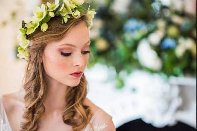 Bride with a floral crown by Buttercups Floral. Hair and makeup by me.