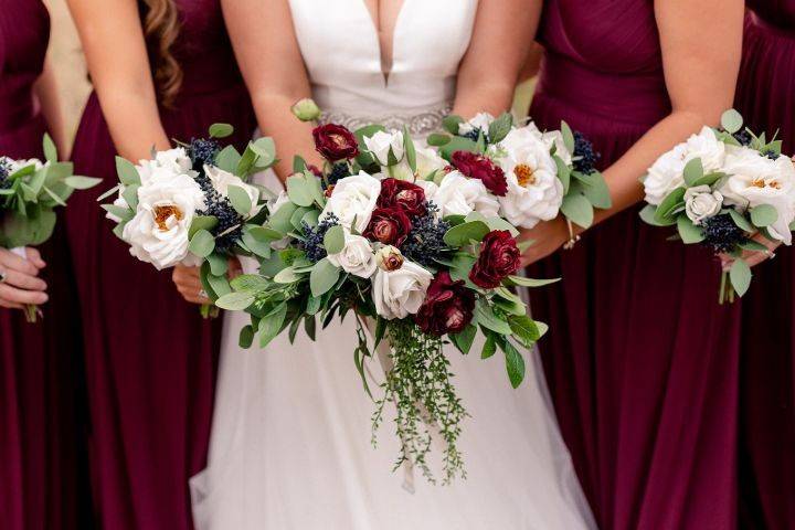 Burgundy and white bouquets