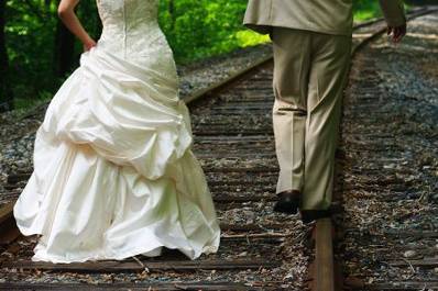 Amy and Matt on the RR tracks between Church and Reception Hall.  Spontaneous portraiture!