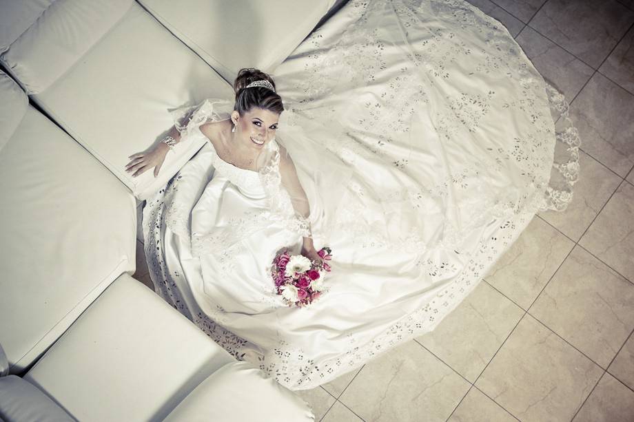Bride with a long wedding dress from the top