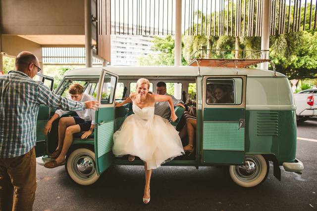 Vintage VW bus rented for wedding day transportation