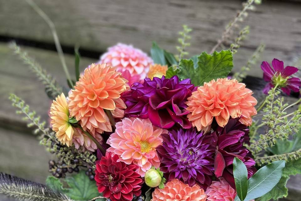 Jewel tone dahlia bouquet