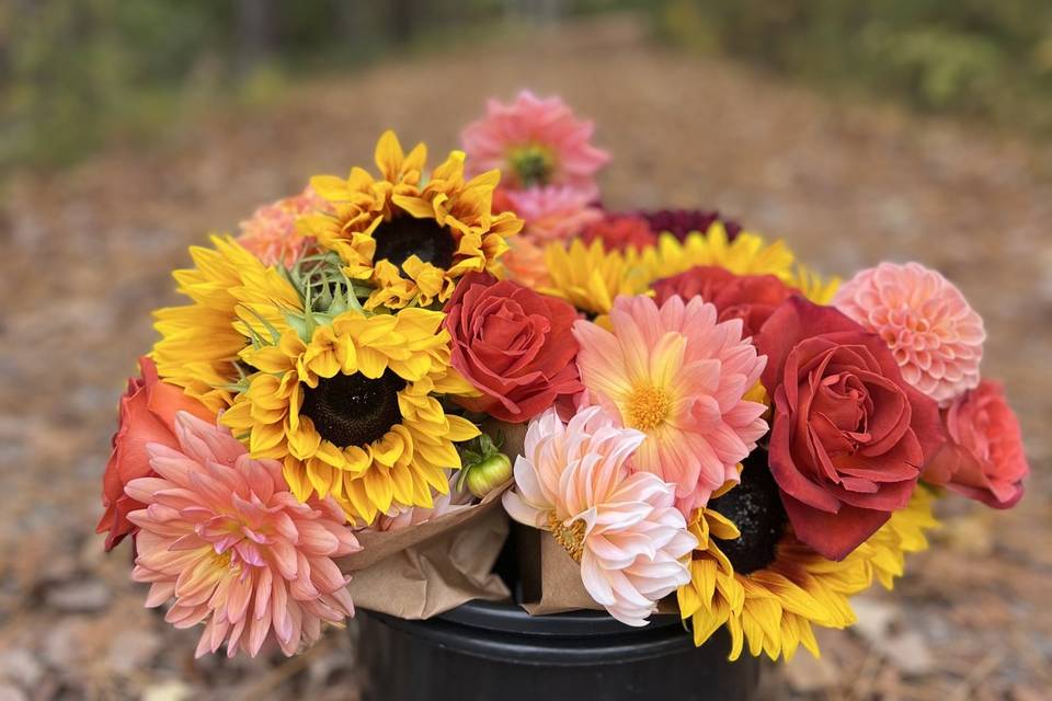 Sunflower & dahlia bucket