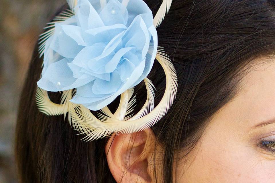 Blue Chiffon Bridal Veil Fascinator with Champagne Feathers