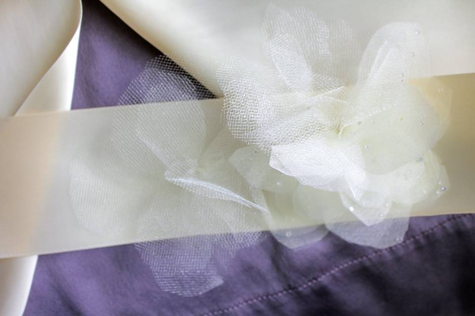 Ivory Satin Bridal Sash with Organza and Tulle Flowers