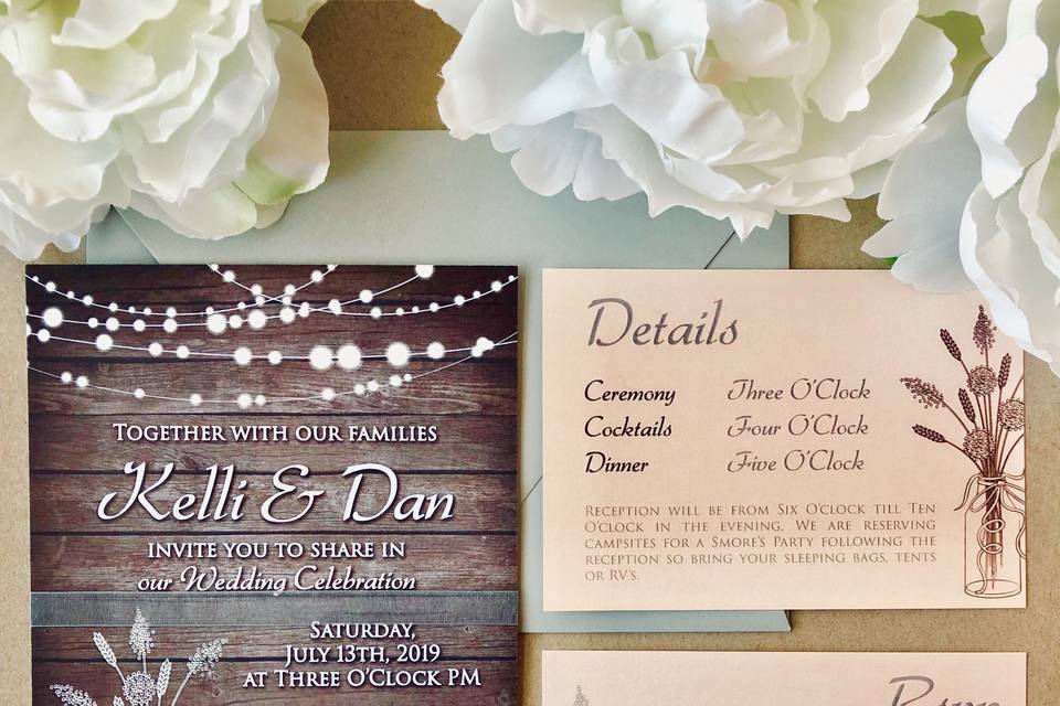 Invitations featuring wood-inspired graphics