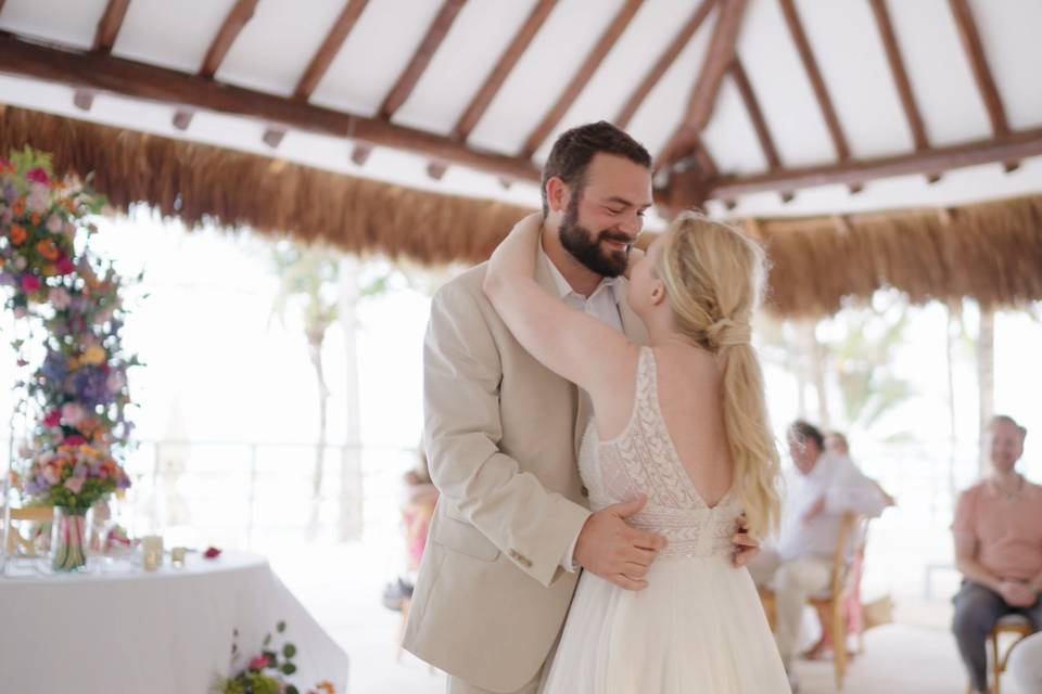 Bride and groom kissing