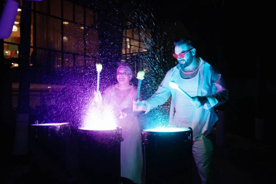 Playing water drums at recepti