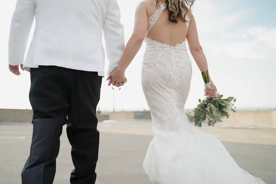 Bride and groom walking