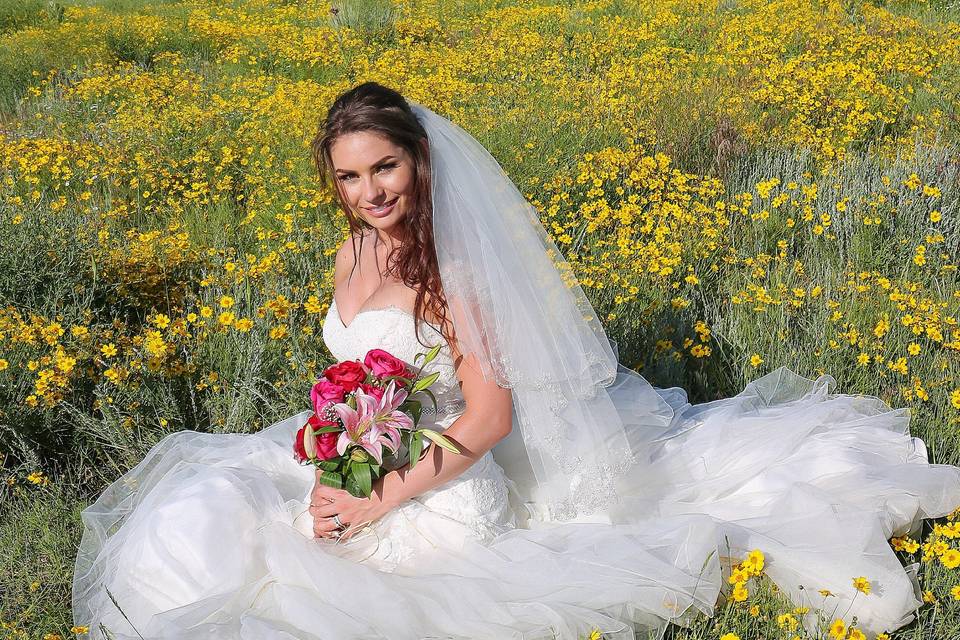 Rustic wedding bride in field of sage