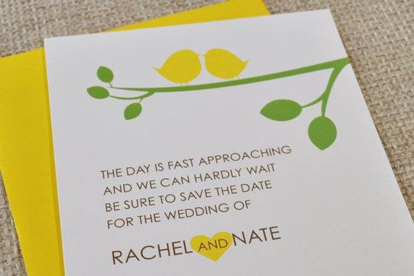 Love bird save the date with yellow envelope