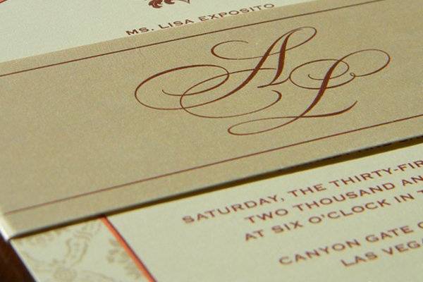 Damask invitation with monogram champagne shimmer bellyband