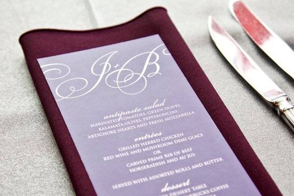 Monogram menu card in purple ink