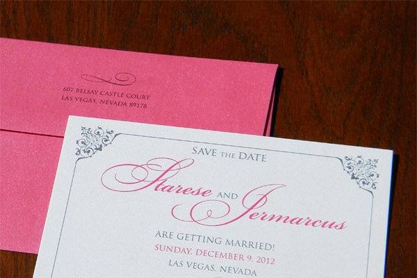 Fuchsia and gray ink save the date. Printed on pearlized shimmer paper.