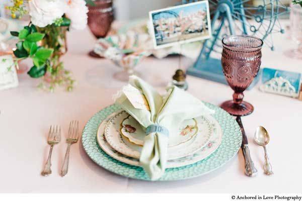 Vintage boardwalk table decor with antique china, postcards & Ferris wheel