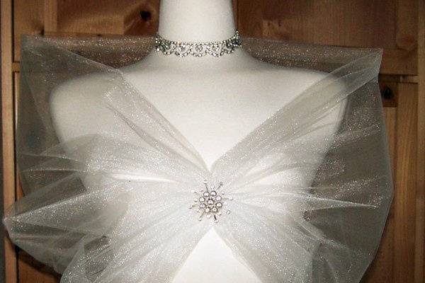 Shimmer White Illusion tulle Bridal wrap with Rhinestone brooch closure