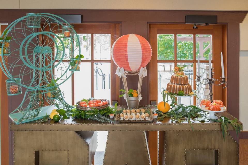 A gorgeous dessert bar setup at Citrus Park Wedding Venue in Riverside, CA.