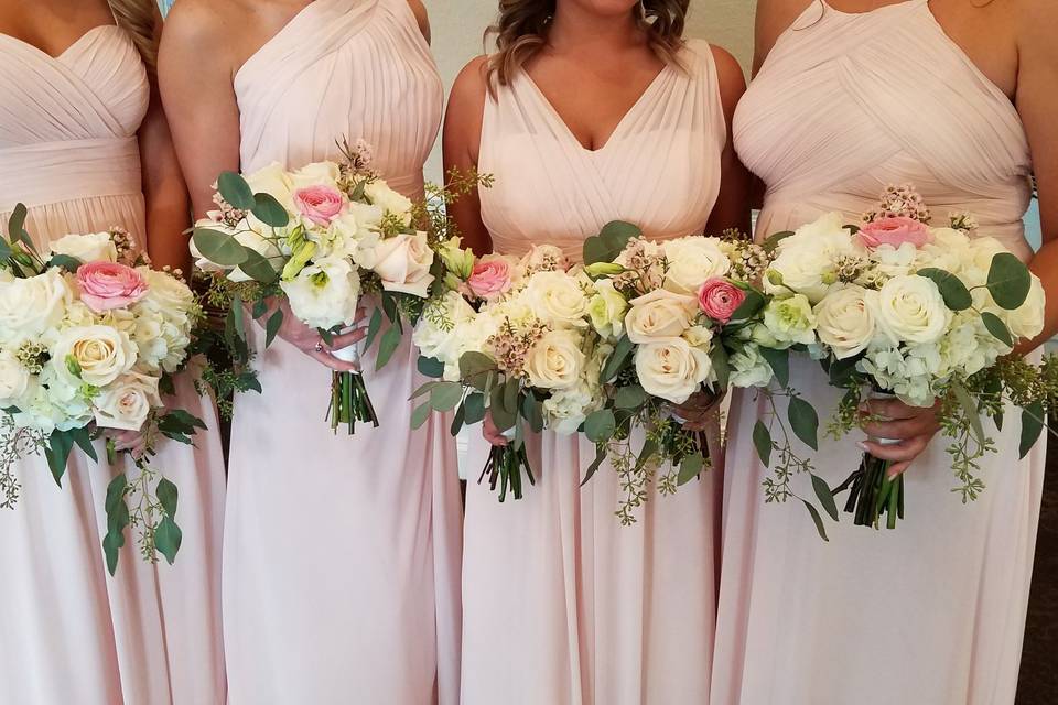 Soft pastel pink, cream, garden style. The beautiful girls that accompanied Kendall. Royal Crest Room Wedding