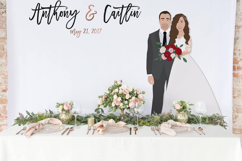 Wedding Reception Backdrop Banner with Custom Couple Portrait