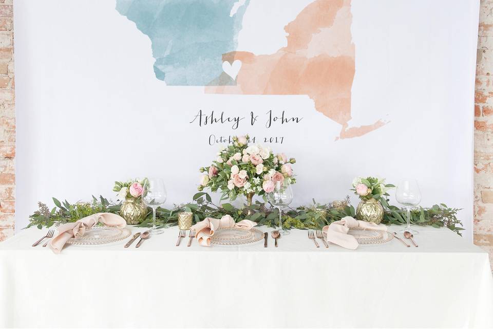 Watercolor wedding backdrop with custom overlapping states