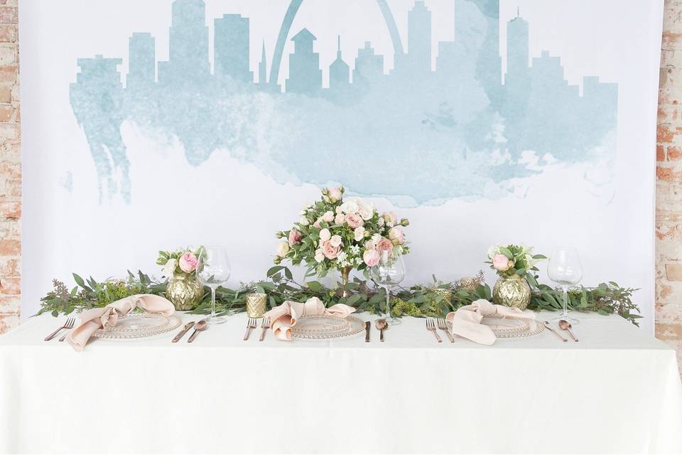 Watercolor Wedding Backdrop with Custom city Skyline