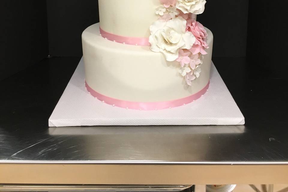 Cascading Pink and White Sugar Flower Wedding Cake