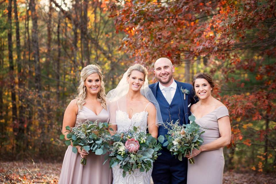 Groom and bride, bridesmaids