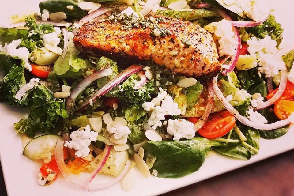 Salmon salad with lemon basil dressing