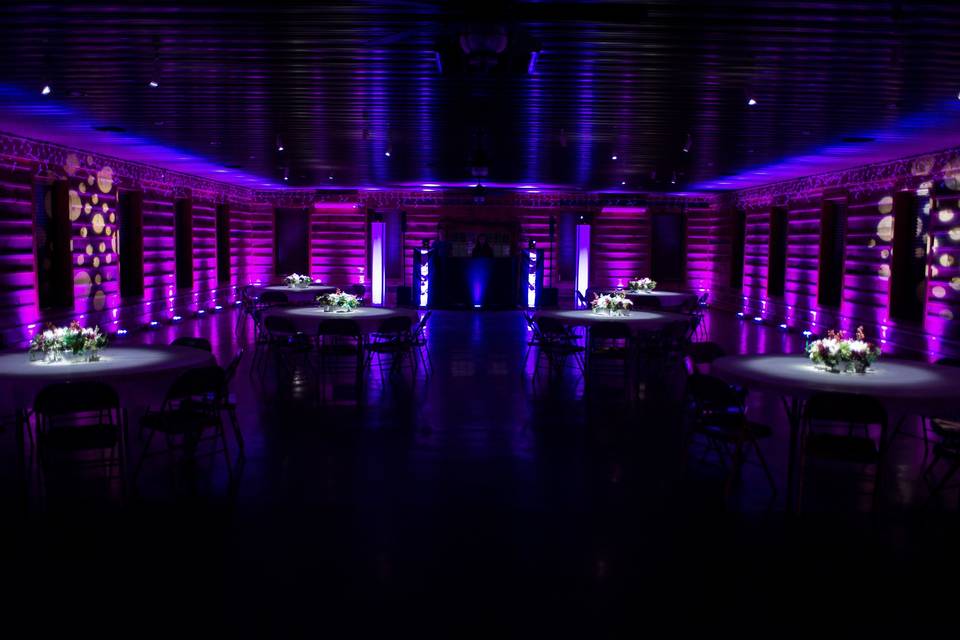 Purple uplighting and floral pinspot lighting