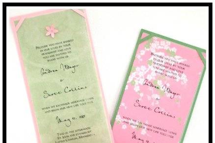 Samples of bright, summer Wedding Invitations with embellishments, ribbon, and more.  Sizes shown are the square & tea length.