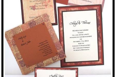 Samples of rich, fall colors using ribbon & embellishments. Sizes shown are square, 5x7 & tea length.