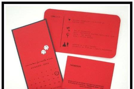 Great sample set includes fun, red invitations with wire & beads, embellishments & ribbon.  Sizes shown are square & tea length.