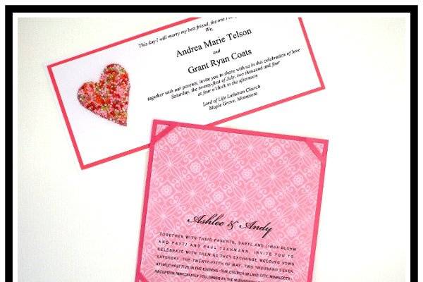 Sample set includes bright pink Wedding Invitations with beaded heart embellishment.  Sizes shown are tea length & square.