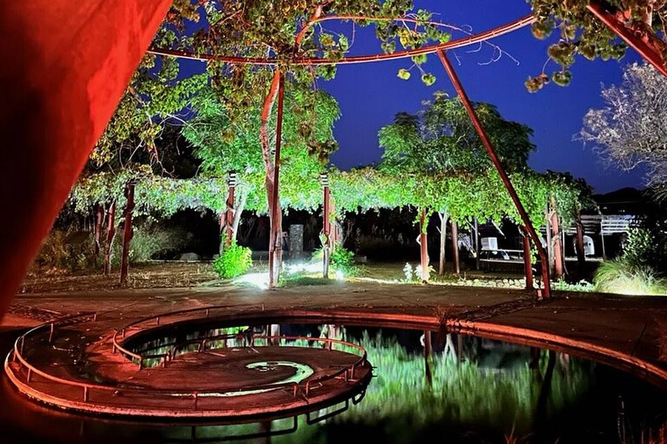 Spiral water feature at night