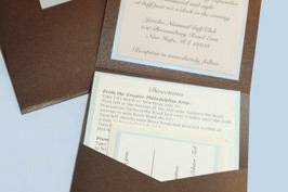 Custom invitation in pale blue and chocolate brown.