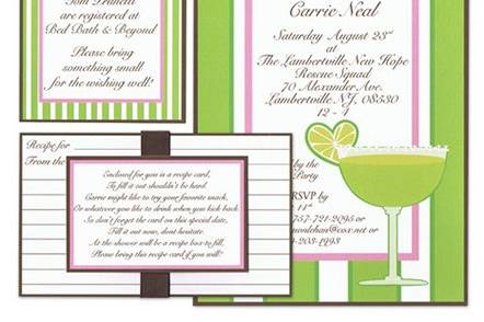 Margarita bridal shower invitation in pink, green and brown.