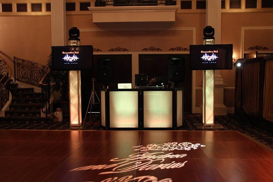 DJ booth and monogram lights